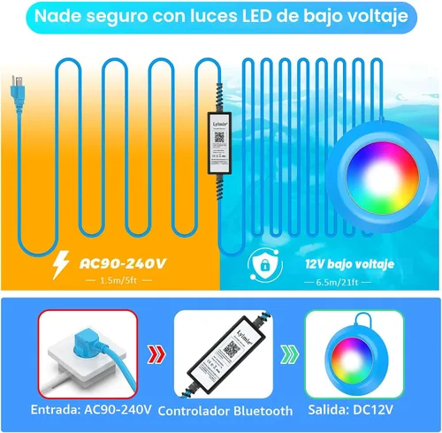 Miniatura 3 de LyLmLe Luces LED de piscina, Luz magnética sumergible inteligente RGB de 20W con control por APP, 800lm regulable, luces subacuáticas IP68 Azul