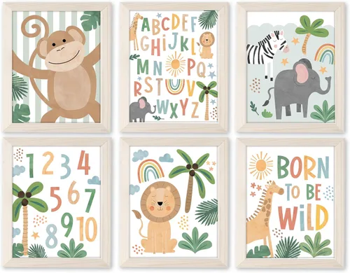 Hadley Designs 6 decoraciones de pared de safari para guardería, decoración de guardería sin marco, decoraciones de selva para habitación de niños,