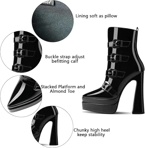 Miniatura 3 de Artrotter Botas de plataforma para mujer botas de tacón alto grueso y puntiagudo botas de combate con correas de hebilla cremallera lateral