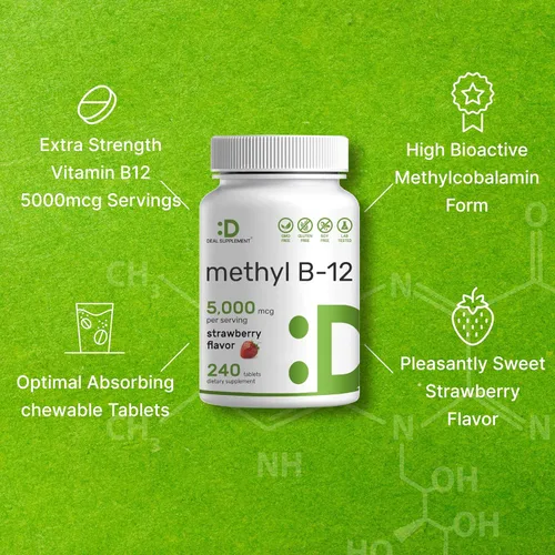 Miniatura 6 de DEAL SUPPLEMENT Vitaminas Metil B-12 de 5000 mcg, 240 tabletas masticables Forma activa – Sabor fresa – Apoyo energético y función de salud