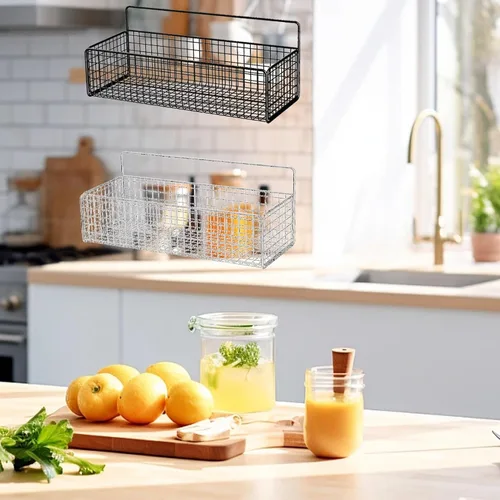 Miniatura 4 de Cestas colgantes de alambre de cocina, organizador de frutas negro para montaje en pared, sin perforaciones, soporte de metal pequeño para gabinete