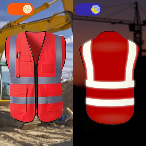 Miniatura 4 de Chaleco de seguridad personalizado para hombres con bolsillos de logotipo, ropa de trabajo protectora personalizada de alta visibilidad con tira
