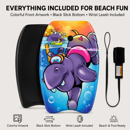 Miniatura 6 de PMU Bodyboard impreso de 26 pulgadas, correa de muñeca ligera, parte inferior lisa para playa, tabla de surf para niños, adolescentes y adultos
