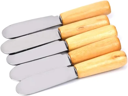 Miniatura 3 de ACKLLR Paquete de 5 esparcidores de mantequilla de acero inoxidable con borde recto y mango de madera, juego de esparcidores de condimentos de queso