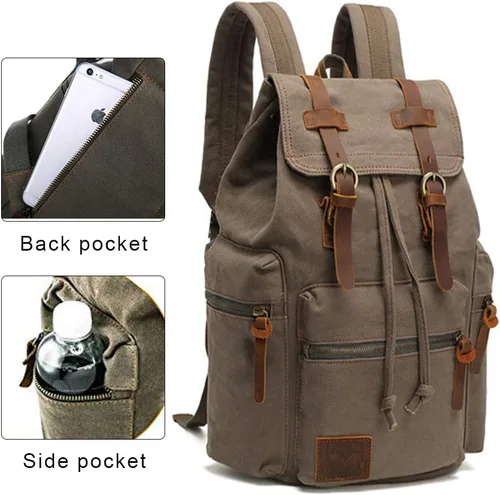 Miniatura 6 de AUGUR Mochila vintage de lona de alta capacidad, para escuela, universidad, senderismo, viajes, laptop de 12-17 pulgadas, Verde militar, Mediana