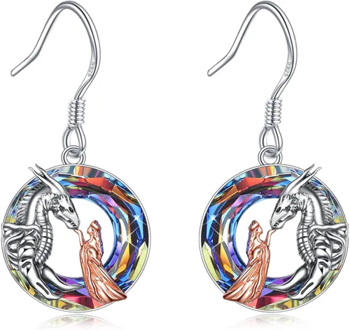 Aretes colgantes de dragónlobobúho, regalos para niñas y mujeres, plata de ley de cristal, niña y árbol de la vida, regalos de joyería