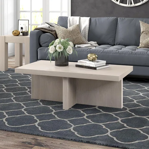 Miniatura 5 de Henn&Hart Mesa de centro rectangular de madera acanalada de 44 pulgadas con pedestal de bajo perfil con base de pedestal acanalada para sala