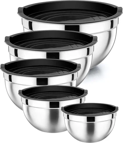 P&P CHEF Juego de 5 cuencos para mezclar con tapas herméticas, 10 piezas de acero inoxidable, cuenco de metal con tapa para preparación y