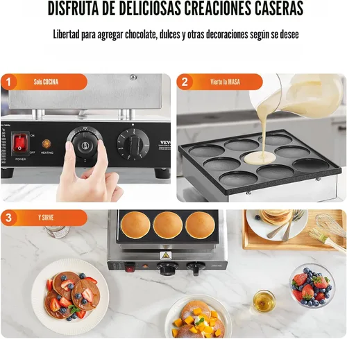 Miniatura 6 de VEVOR - Máquina para hacer panqueques holandeses, para 9 piezas, diám. 76 mm, máquina para hacer dorayaki, 850 W, eléctrica comercial