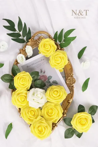 Miniatura 437 de N&T NIETING Flores artificiales, rosas artificiales de color rosa intenso, 50 piezas de flores falsas con tallo para ramos de boda DIY, centros