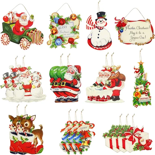 pinkblume 19 adornos para árbol de Navidad, vintage, Papá Noel, Feliz Navidad, saludos, letrero de alegría, caja de regalo de Navidad, reno de Papá