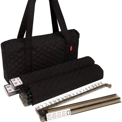 Conjunto American Mah Jongg de Linda Li - Bolsa Suave Negra Acolchada - 166 Azulejos Blancos Grabados, 4 Estante/Empujadores Todo en Uno