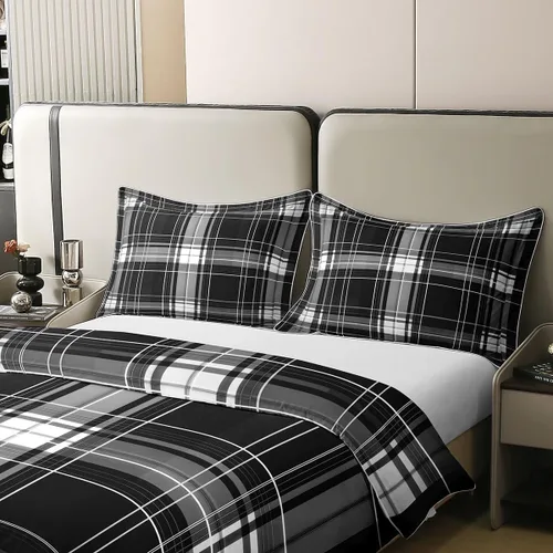 Miniatura 4 de Erosebridal Juego de ropa de cama de 100 % algodón a cuadros para niños y niñas, funda de edredón a cuadros, funda de edredón moderna geométrica