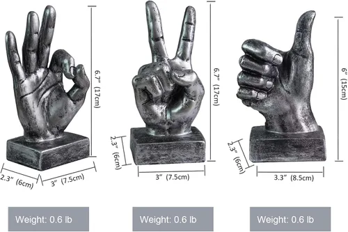 Miniatura 4 de Lependor Estatuas de escritorio de gestos de mano de poliresina plateada, decoración de escultura de dedo, dedos de plata de la victoria Dedos