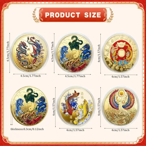 Miniatura 2 de 5 piezas de monedas de la suerte chinas de dragón chino y fénix monedas del zodiaco de bestias milíticas antiguas para oficina, colección