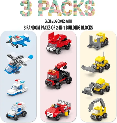 Miniatura 2 de DAYMOO Juego de tazas de ladrillo integradas con 3 paquetes aleatorios de ladrillos 2 en 1, tazas de café geniales para niños, creativas, Azul