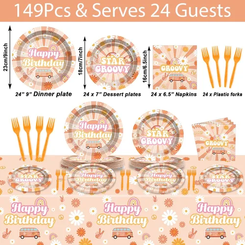 Miniatura 2 de Juego de vajilla de 149 piezas para decoración de fiesta de cumpleaños, incluye vajilla de papel desechable hippie de los años 60 para 24 invitados