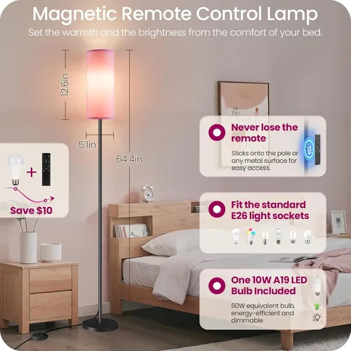 Miniatura 3 de Paquete de 2 lámparas de pie rosas regulables para sala de estar con 2 controles remotos e interruptor de pie, lámpara de pie de esquina, lámpara