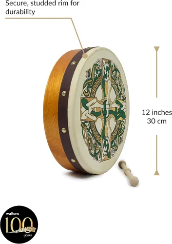Miniatura 2 de Waltons Bodhrán 12 pulgadas (cruz celta) - Instrumento irlandés hecho a mano - Tono nítido y musical - Batidor de madera dura incluido con compra