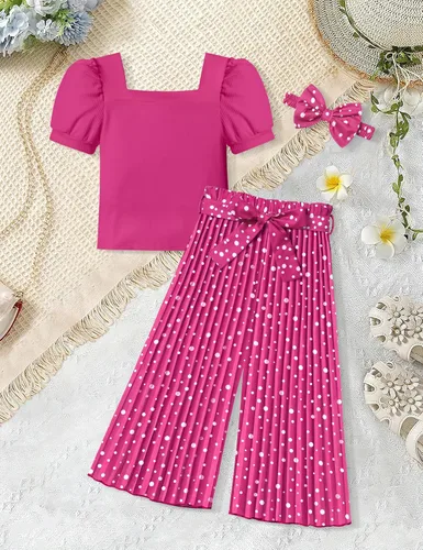 Miniatura 44 de DONWEN Conjunto de 3 piezas de ropa para niñas pequeñas y niñas con cuello cuadrado + pantalones elegantes + diadema para primavera y verano