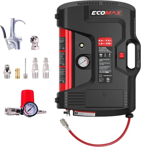 Miniatura 9 de ECOMAX Compresor de aire de montaje en pared, inflador de neumáticos, compresor de aire portátil, sin aceite, con manguera de aire retráctil de 30