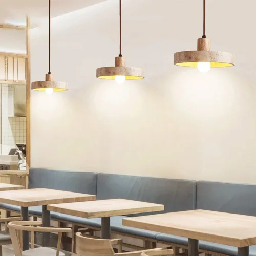 Miniatura 2 de Japanese Wabi-Sabi Dining Room Pendant Lights, 8.3IN Yellow Travertine Shade Ceiling Hanging Lighting, Modern Wood Chandelier for Kitchen Island