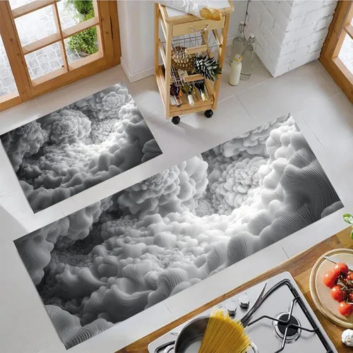 Miniatura 3 de Kitchen Mats for Floor 2 Piece Set 3D Abstract Cloud Sea Non Slip Kitchen Rugs Washable Retro Geometric Space Floor Mats Charcoal Gray Area Rug