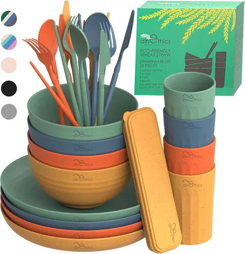 Juego de vajilla de paja de trigo para 4 – Juego de platos de campamento, tazas y cuencos, platos aptos para lavavajillas y microondas, alternativo