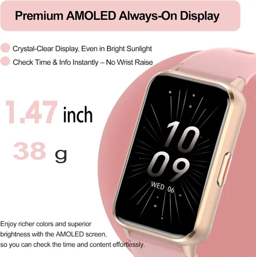 Miniatura 3 de Rastreador de actividad física (respuesta/hacer llamadas), reloj inteligente para mujer, con pantalla AMOLED siempre encendida de 1.47 pulgadas