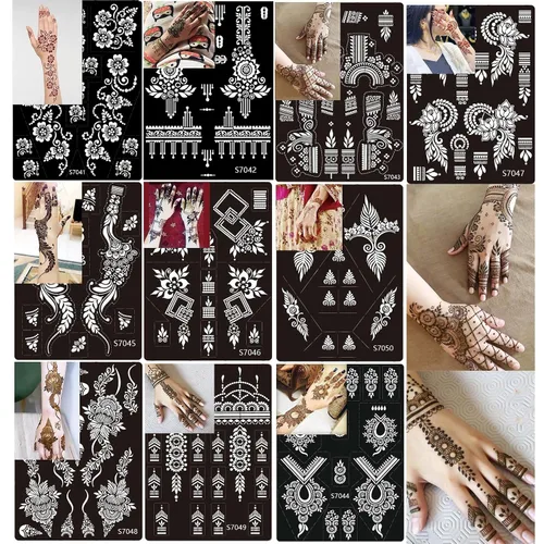 Miniatura 10 de 10 hojas de plantillas de tatuaje de henna 10 pares de plantillas de tatuaje temporal para brazo y mano Tatuajes indios árabes con purpurina Negro