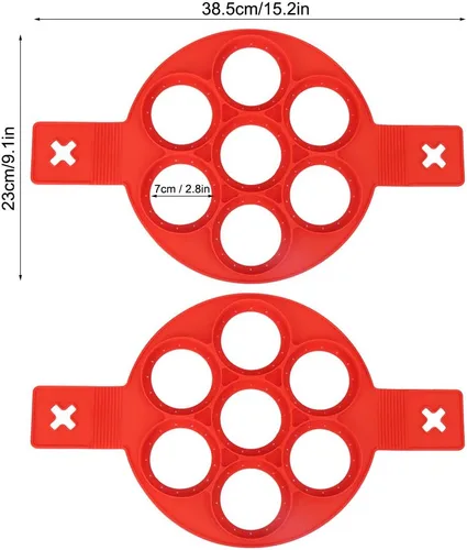 Miniatura 3 de Oumefar 2 moldes para panqueques de silicona roja para freír huevos con 7 agujeros de forma redonda, herramienta de cocina antiadherente