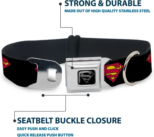 Miniatura 4 de Buckle-Down Collar de perro con hebilla de cinturón de seguridad, Superman Shield negro, 1 pulgada de ancho, se adapta a cuello de 9 a 15 pulgadas