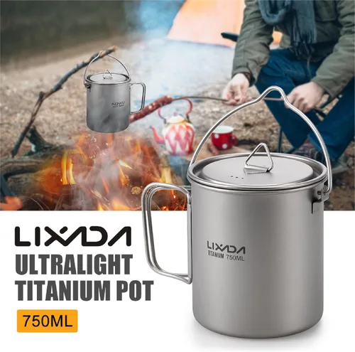 Miniatura 2 de Lixada Taza de agua de titanio con tapa y mango plegable, ultraligero de 25.4 fl oz, olla de titanio, portátil, al aire libre, camping, cocina