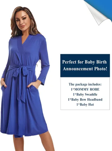 Miniatura 6 de QTECLOR Bata de maternidad con manta a juego, bata de maternidad Barhrobe para parto para hospital, vestido de mujer