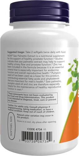 Miniatura 3 de NOW Suplementos Extracto de Saw Palmetto con Aceite de Semilla de Calabaza y Zinc, Salud de los Hombres*, 90 Cápsulas Blandas