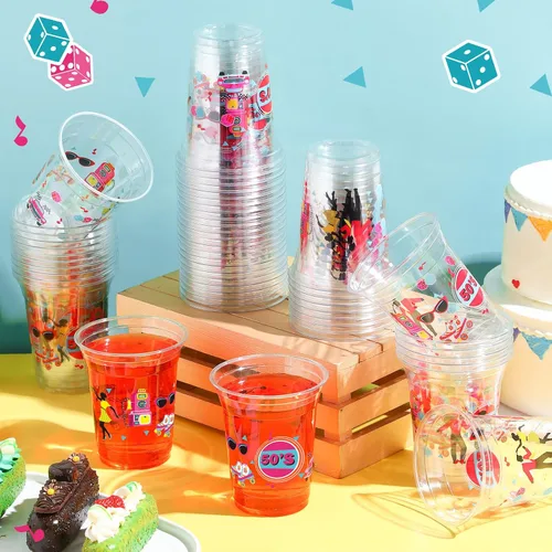 Miniatura 4 de FoldTier 50 Piezas Vasos de los Años 50 de 12 oz Plástico Vasos Regreso a los Años 50 Vasos Transparentes Desechables de los Años 50 Vasos Temáticos