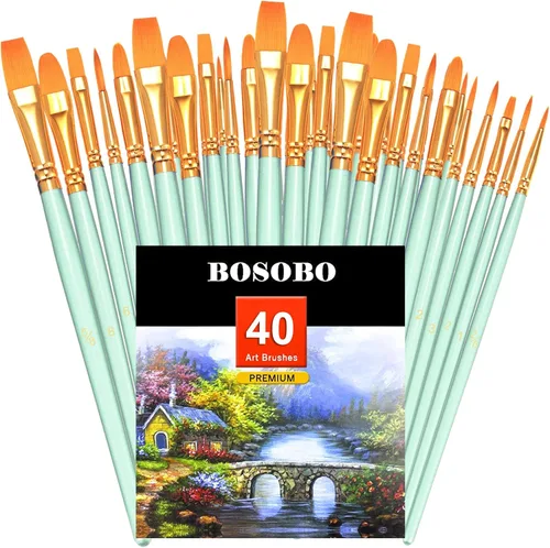 BOSOBO - Juego de pinceles de pintura, 4 paquetes, 40 unidades, pinceles de punta redonda y puntiaguda, cerdas de nailon, pinceles para pintura Verde