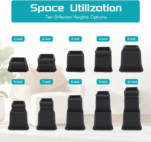 Miniatura 3 de ANNKUT Elevadores de cama de 10 pulgadas resistentes, elevación en alturas de 1,2,3,4,5,6,7,8,9,10 pulgadas, elevadores de muebles ajustables