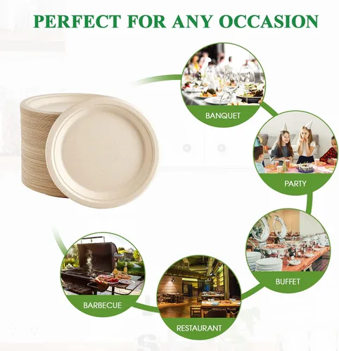 Miniatura 6 de Vplus 150 unidades de platos de papel 9 pulgadas 100% compostables, platos de papel desechables resistentes de bagazo natural biodegradable 9