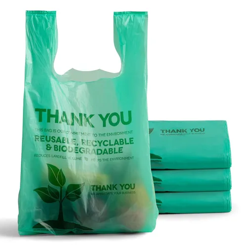 Miniatura 8 de FMP Brands Bolsas de plástico biodegradables ecológicas – 100 unidades con asas, bolsas de compras para camisetas de agradecimiento a granel