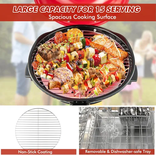Miniatura 7 de ORALNER Parrilla eléctrica para barbacoa con soporte, rejilla de calentamiento y bandeja de goteo, parrilla eléctrica de 15 porciones para Rojo