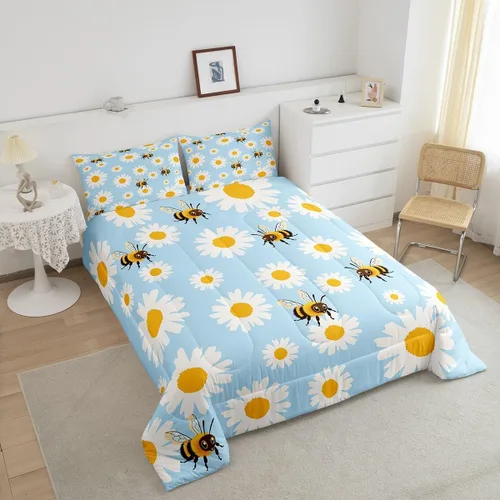 Miniatura 2 de Erosebridal Juego de edredón de abeja de dibujos animados, tamaño individual, juego de ropa de cama floral de margarita blanca lisa para niños