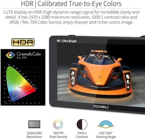 Miniatura 4 de FEELWORLD LUT6S 6 pulgadas SDI 2600nits HDR 3D LUT pantalla táctil DSLR Cámara Monitor de campo con forma de onda VectorScope histograma 3G SDI 4K
