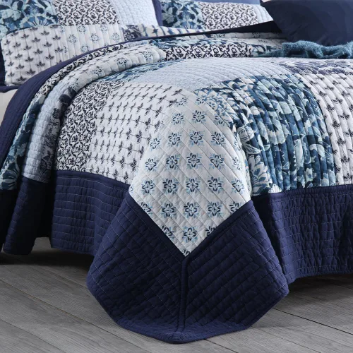 Miniatura 4 de ENASAL - Juego de colcha de algodón, juego de cubrecama reversible, lujoso diseño de retazos florales azul y blanco, colcha reversible, tamaño queen