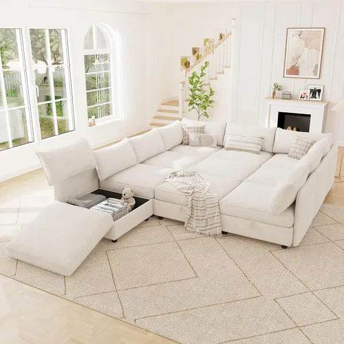 Miniatura 13 de 95.5" Sofá seccional modular de chenilla con almacenamiento oculto, sofá cama convertible en forma de L y U, sofá seccional moderno de 6 plazas