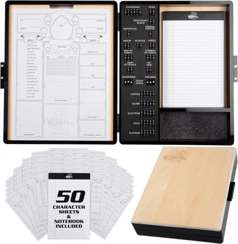 Monster Wooden Deluxe RPG Stat Tracker Case - Mantén un seguimiento del nivel de jugador, estadísticas y monedas, bandeja de dados forrada de
