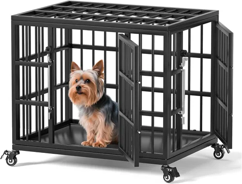 Miniatura 9 de VERIFURTY Jaula resistente de 42 pulgadas para perros grandes y medianos con pestillo de autobloqueo, perrera de acero a prueba de fugas