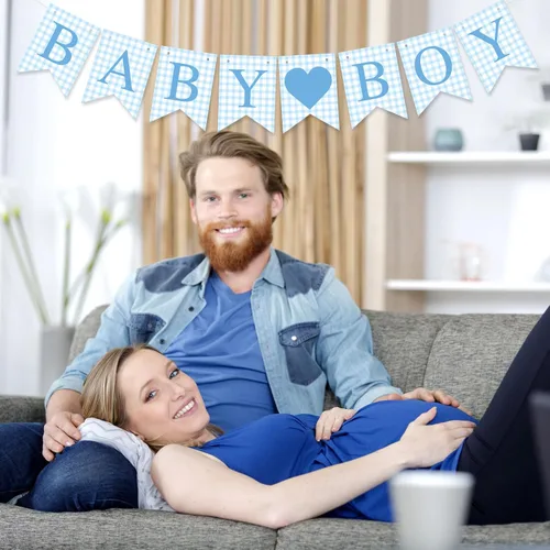 Miniatura 7 de Hahafelt 1 pieza de pancarta azul de gingham para bebé niño para decoraciones de fiesta Azul preencordada Baby shower, es un niño, pancarta de papel