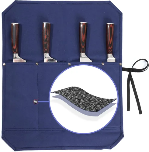 Miniatura 11 de Bolsa para cuchillos de chef, rollo para cuchillos con 4 ranuras, forro de tela especializado resistente a cortes, lona encerada resistente de 16