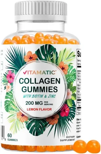 Vitamatic Gomitas de colágeno hidrolizado con vitamina C, zinc y biotina, 200 mg - Apoyo para la piel saludable - 60 gomitas